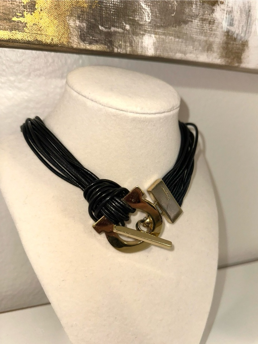 SALVATORE FERRAGAMO Gold Hardware Black Multi-Strand Leather Necklace - Picture 4 of 5